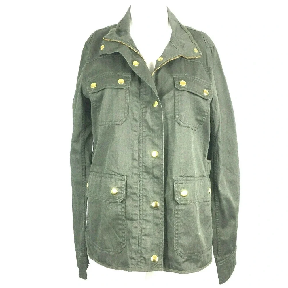 J. Crew Jacket Womens Sz M Dark Green Cotton Full Zip Military Utility Pocket